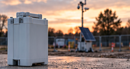 Fuel cartridge on a site at dusk, with a solar-powered security tower in the background