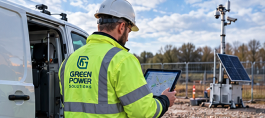 Green Power Solutions engineer reviewing an asset map on a tablet beside a van, with a solar-powered security tower behind