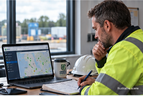 Fleet manager in high-visibility clothing reviewing an asset map on a laptop while taking notes