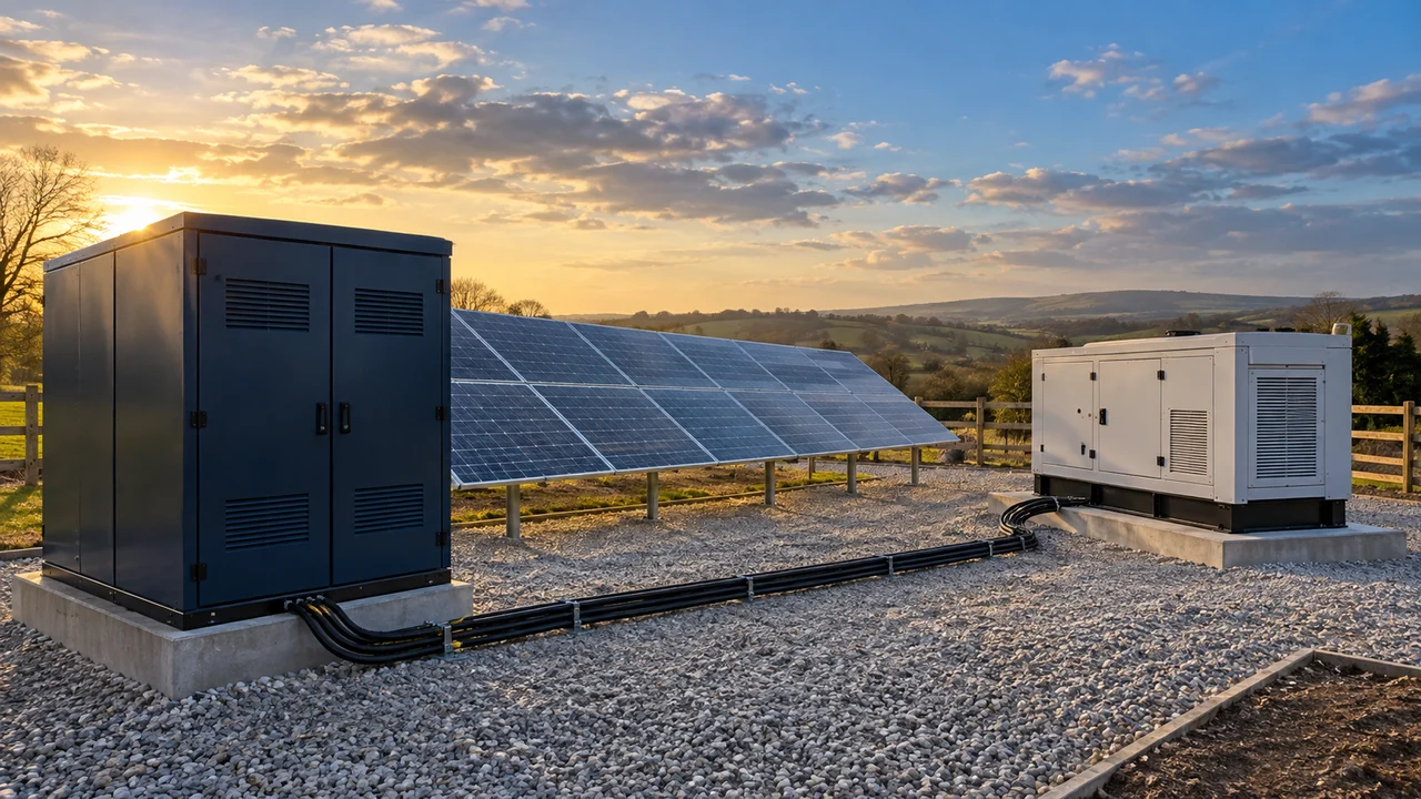 Solar panels, battery storage and generator forming a hybrid power system