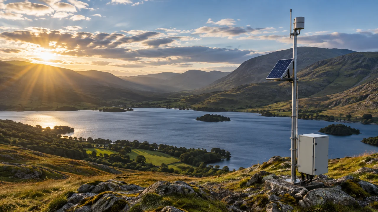 Solar-powered monitoring equipment overlooking a remote lake