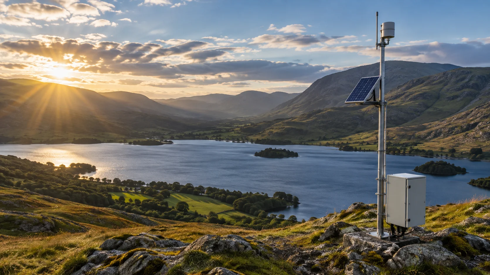 Solar-powered monitoring equipment overlooking a remote lake at sunrise