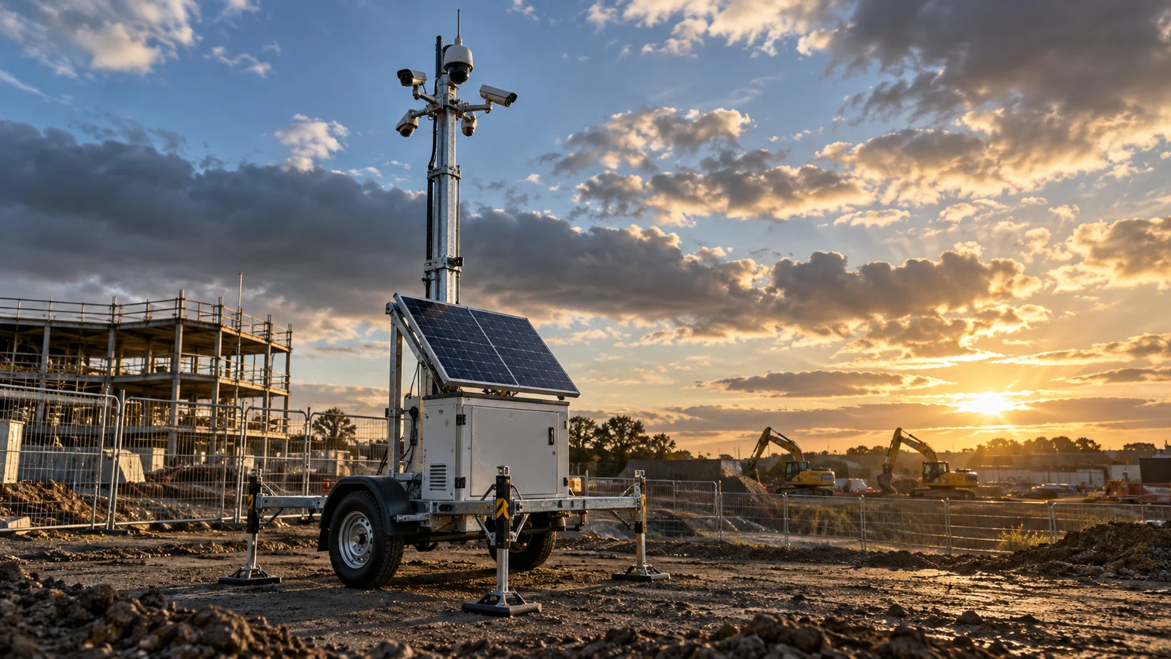 Solar-powered security tower deployed on a construction site at dusk