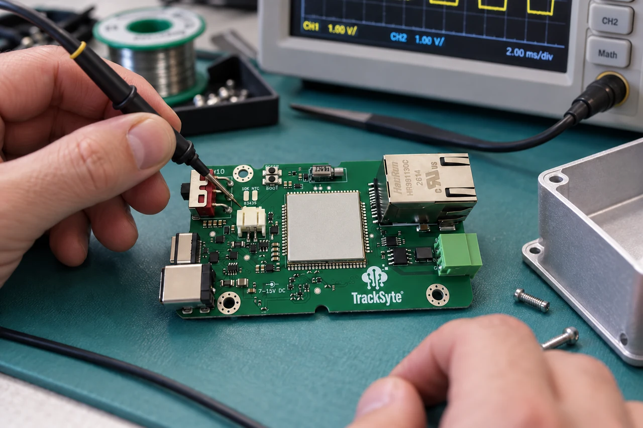 TrackSyte circuit board being tested on an electronics workbench