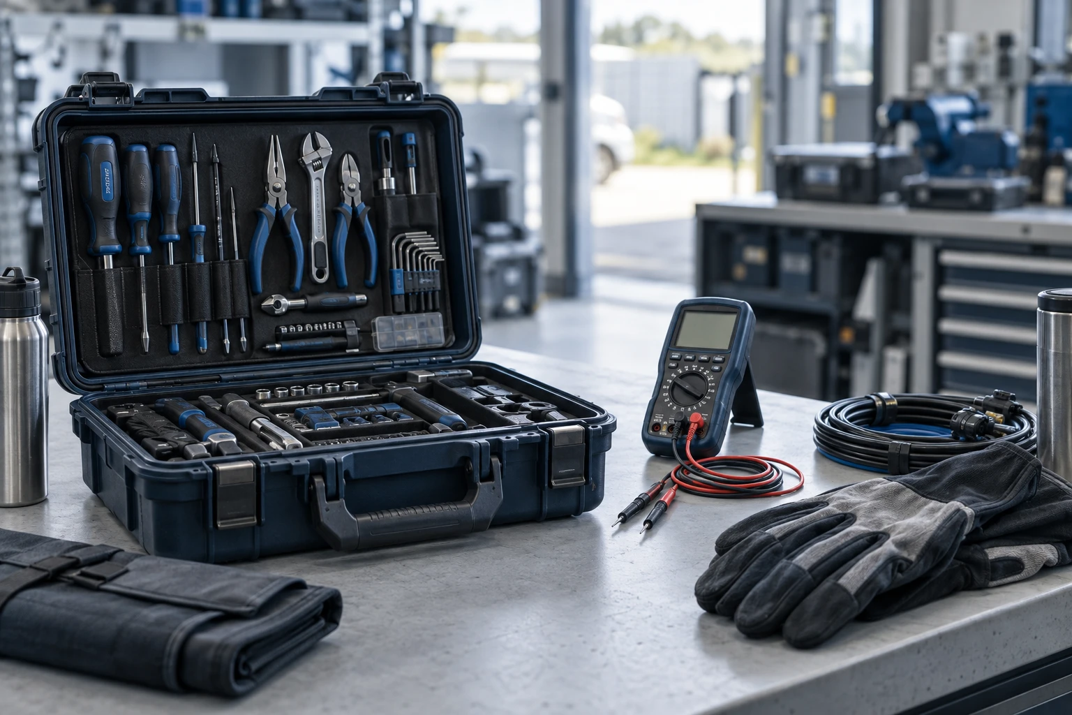 Prepared tools and test equipment on a workshop bench