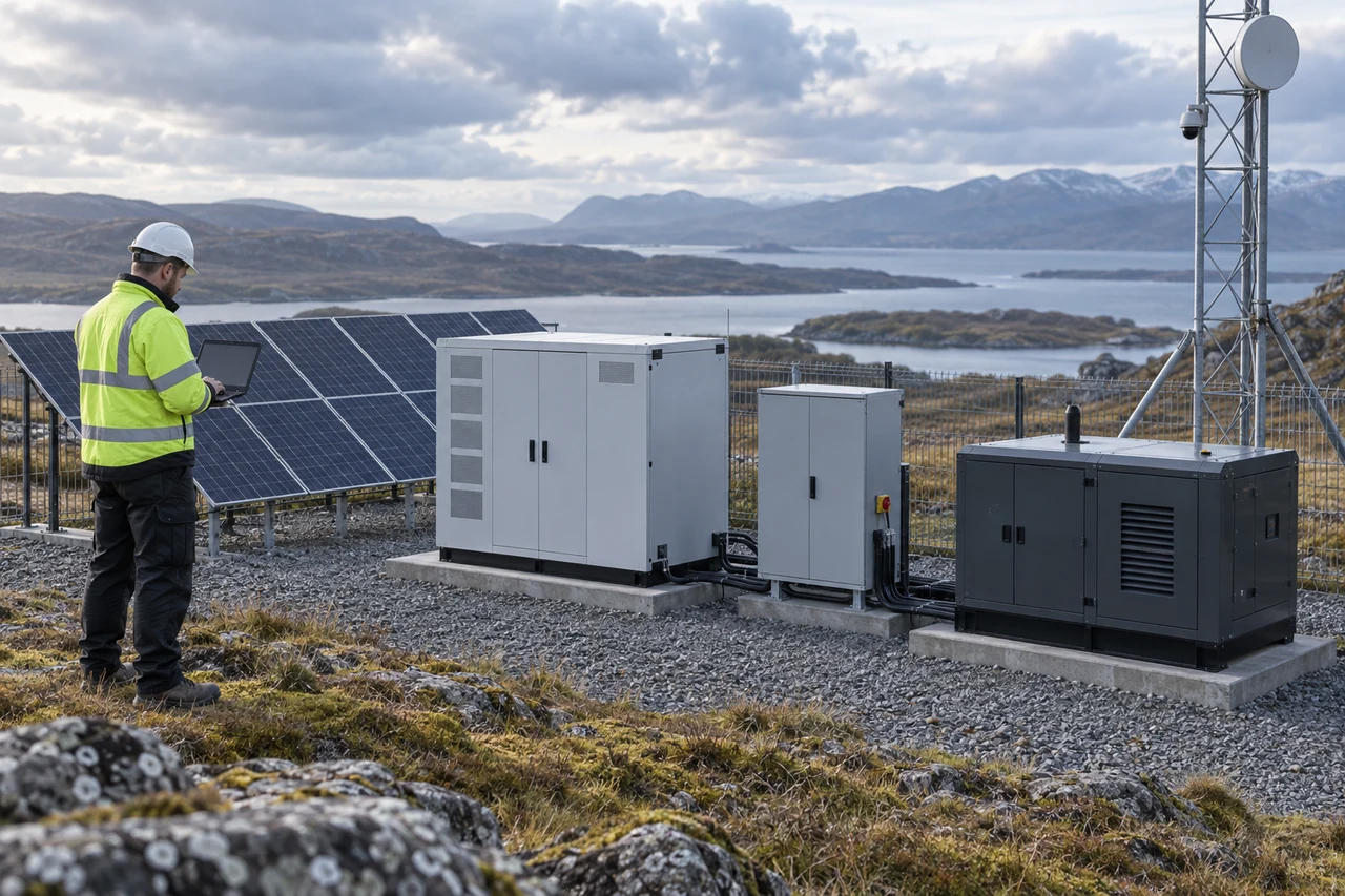 Engineer reviewing an operational off-grid hybrid power system