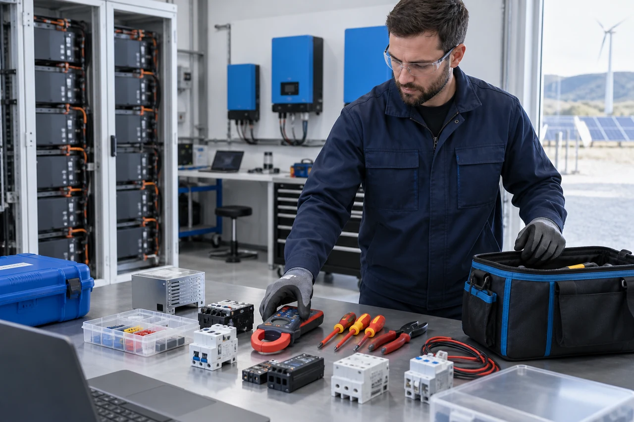 Mobile power engineer preparing electrical tools and replacement components