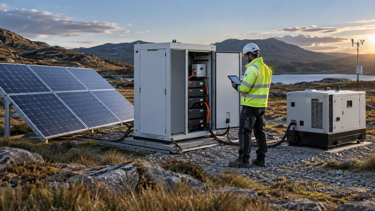Engineer checking the performance of a remote hybrid power system