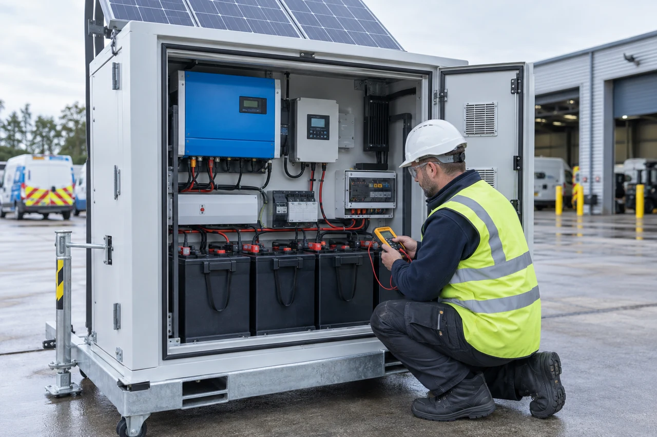 Technician testing a mobile battery and solar power system