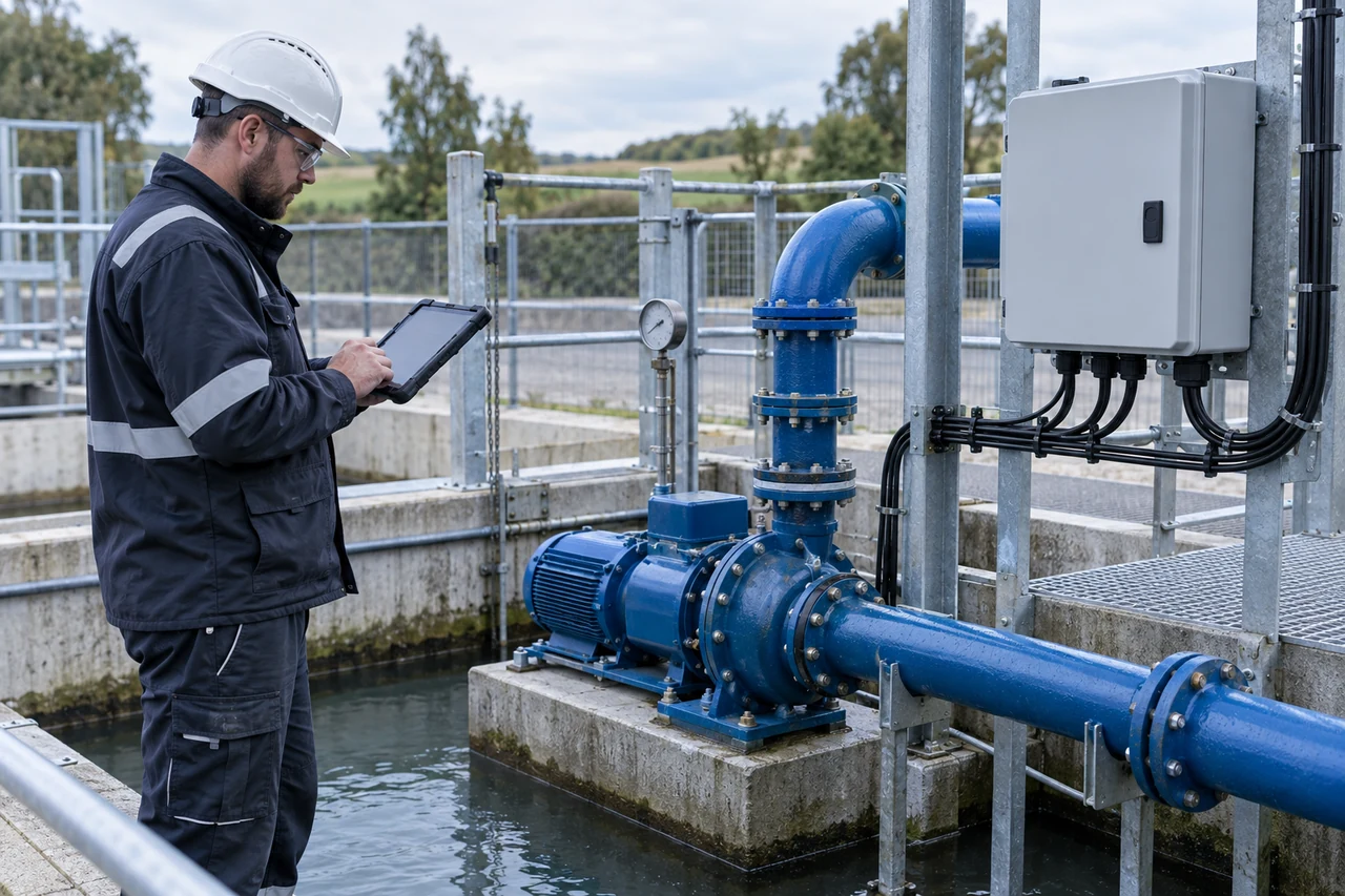 Engineer reviewing an operating water pump and enclosed monitoring controls