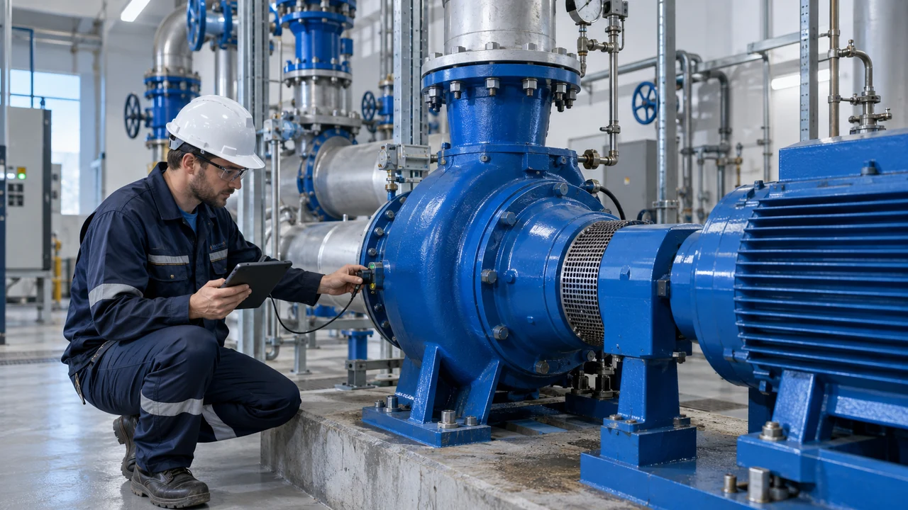 Engineer measuring vibration on an industrial water pump