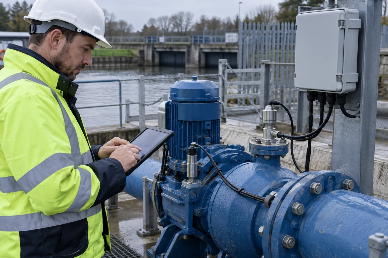 Engineer commissioning monitoring equipment on an industrial water pump
