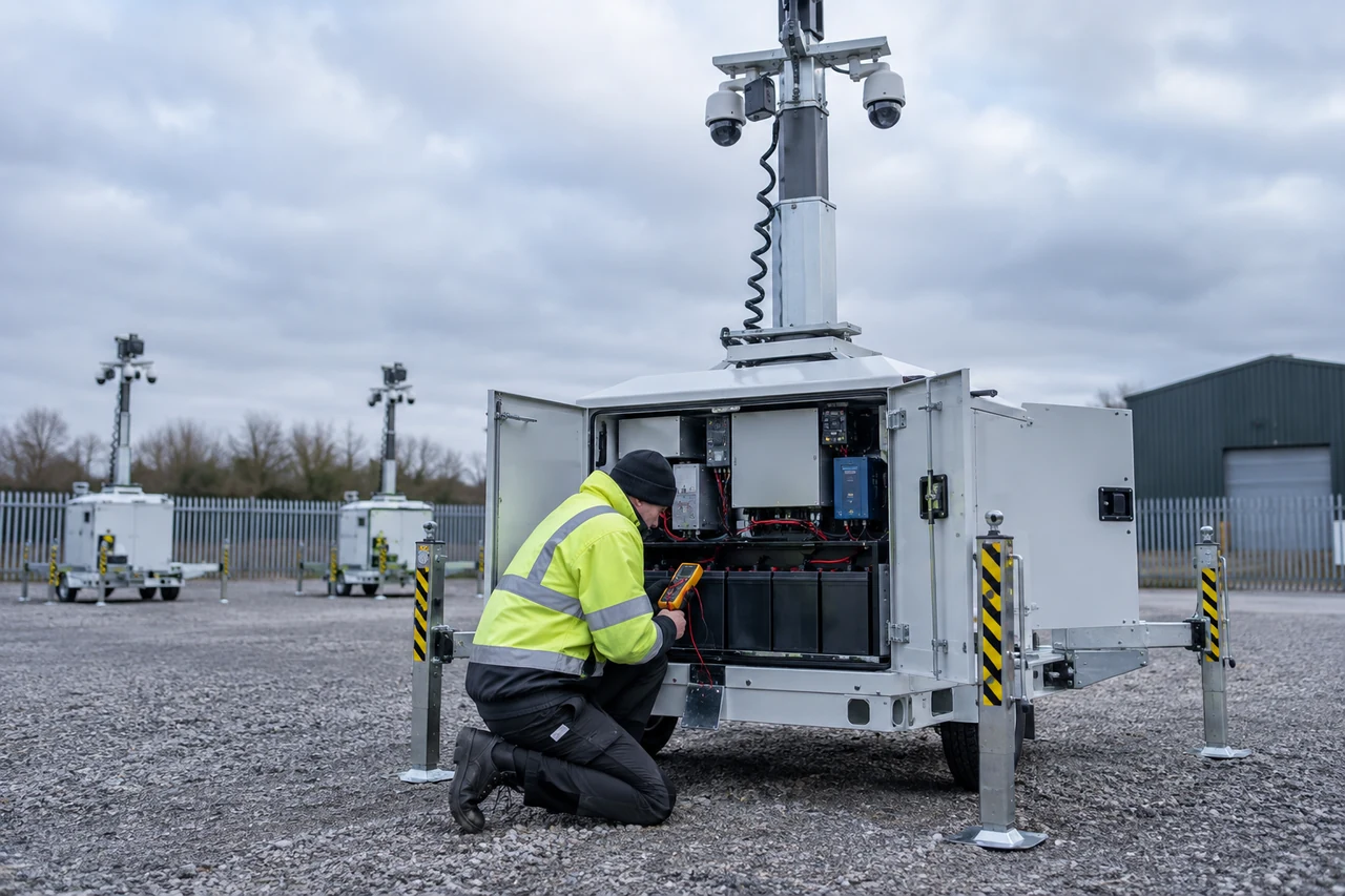 Technician checking the batteries in a mobile CCTV tower