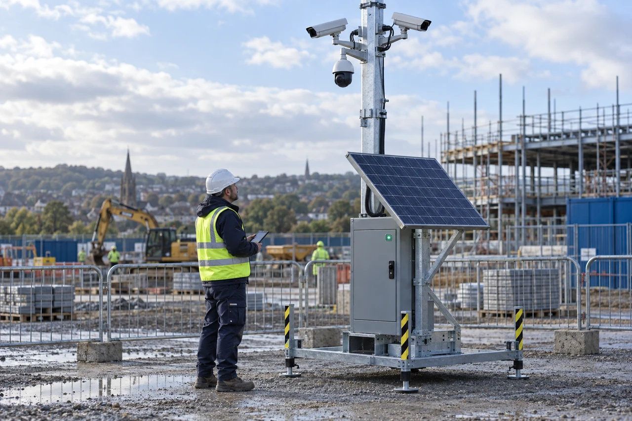 Engineer checking an operational solar-powered mobile security tower