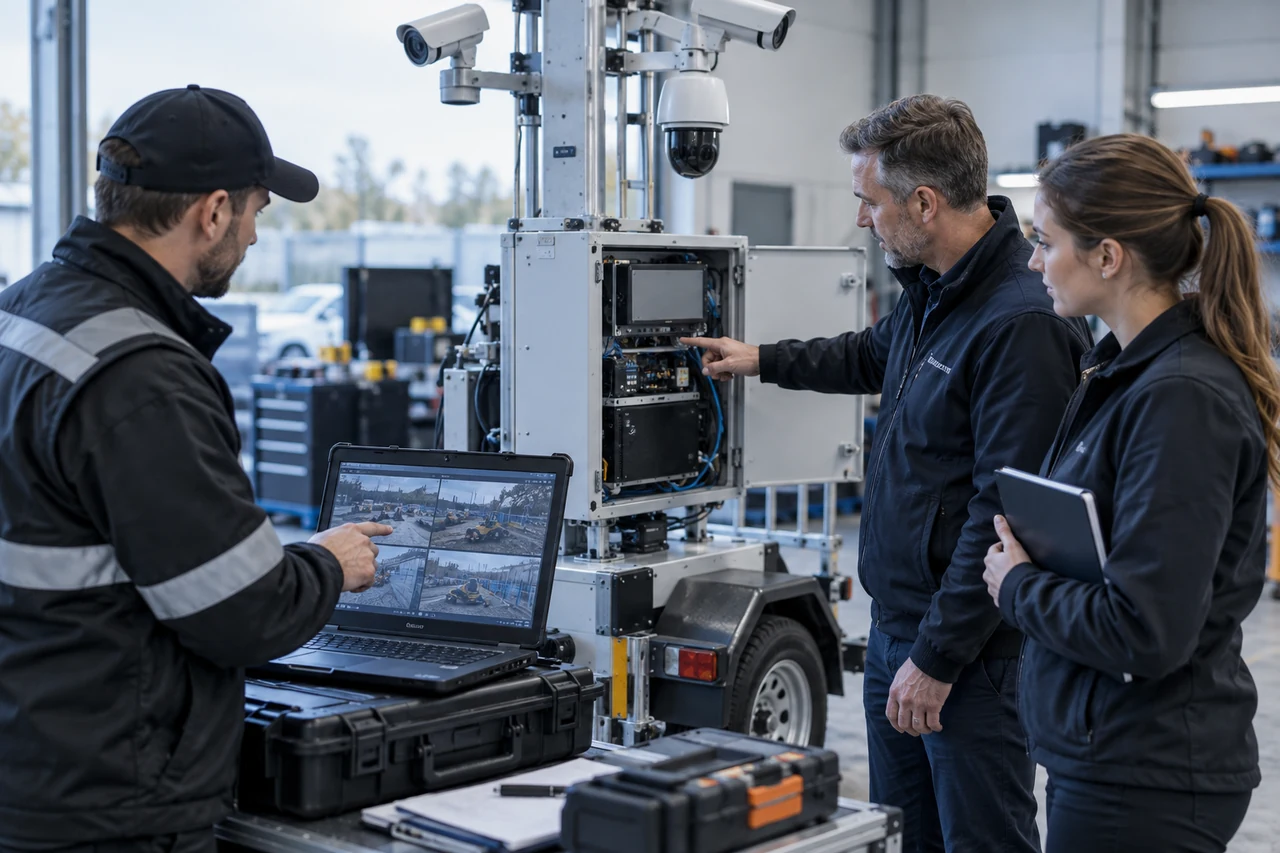 Security operator and engineers reviewing field equipment together