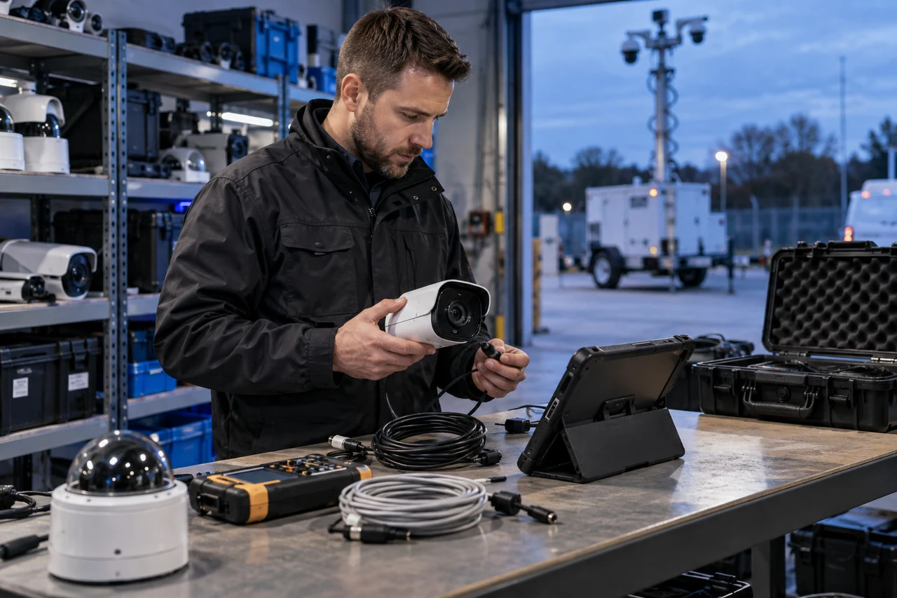 Security engineer preparing camera equipment for a field visit