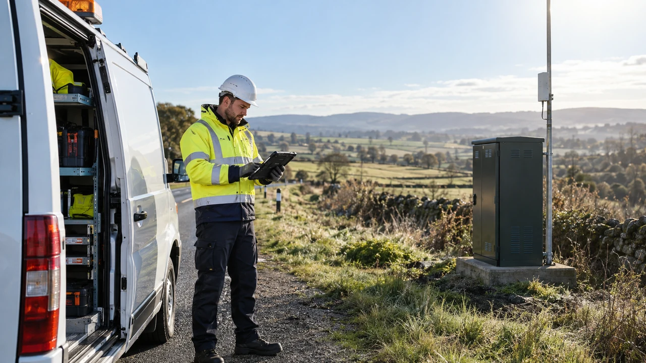 Engineer reviewing asset information on a tablet beside a van