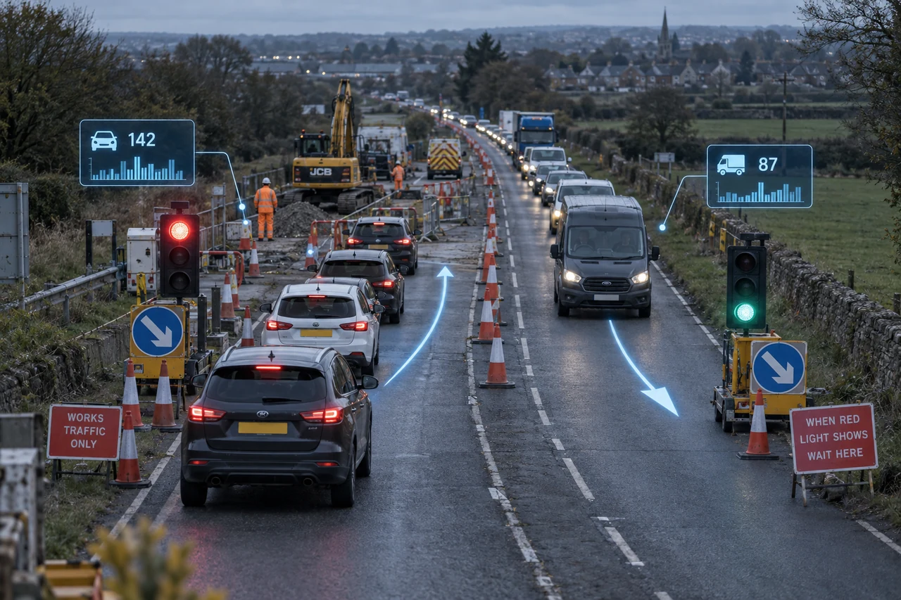 Temporary signals and traffic flow data at a roadworks site