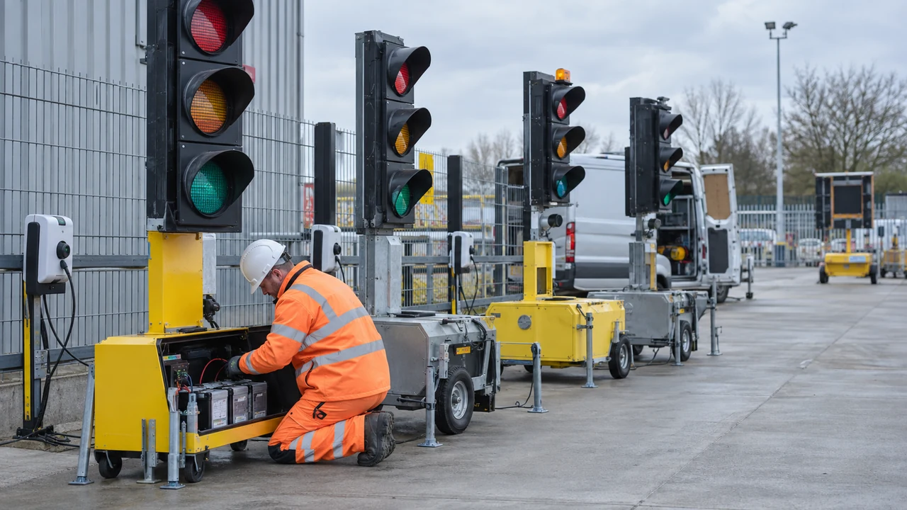 Technician checking temporary traffic signal batteries before deployment