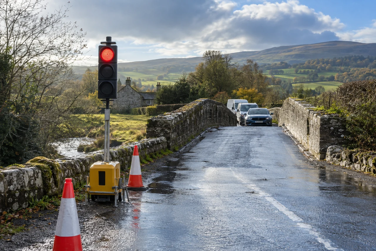 Temporary traffic signal controlling access across a rural bridge