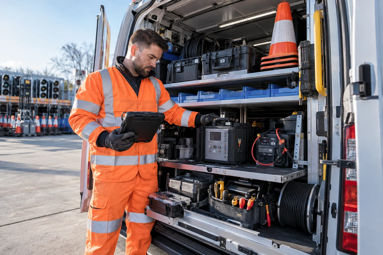 Traffic engineer preparing equipment for a roadside call-out