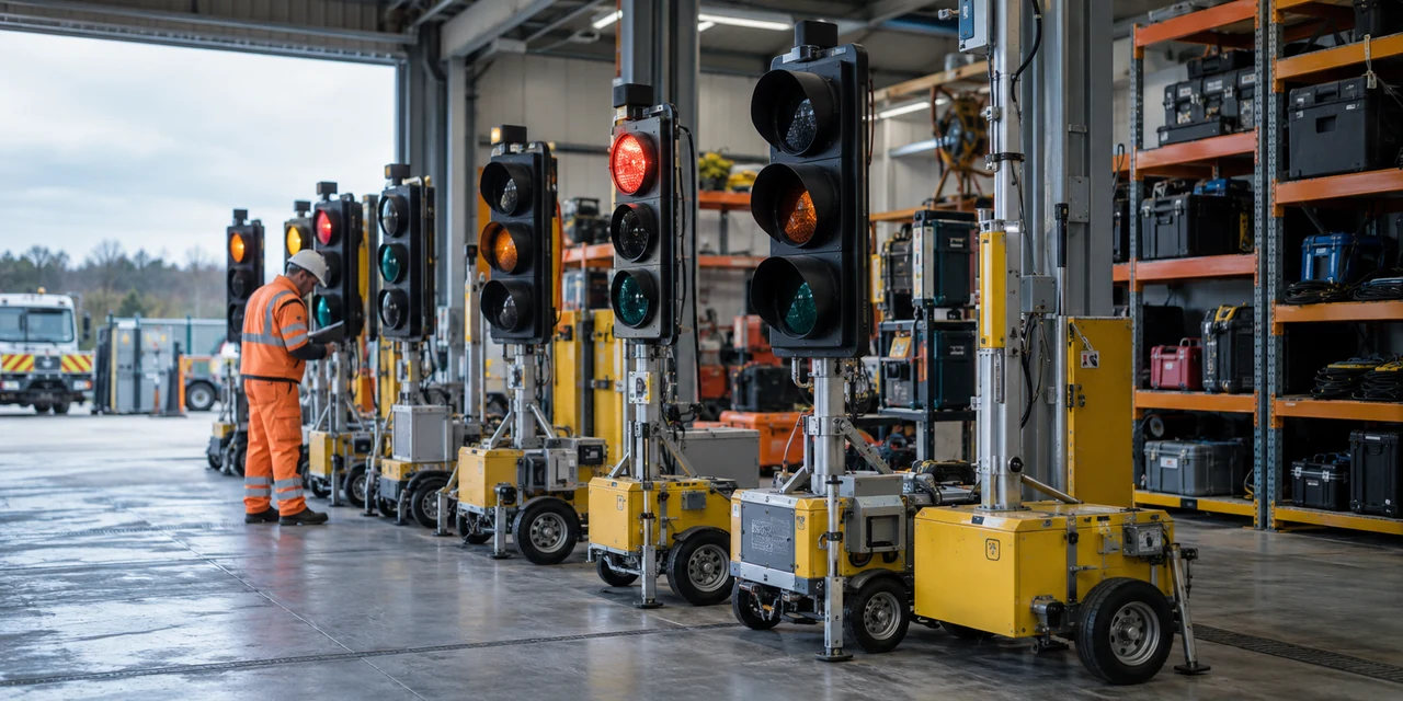Temporary traffic signals being inspected in a service depot