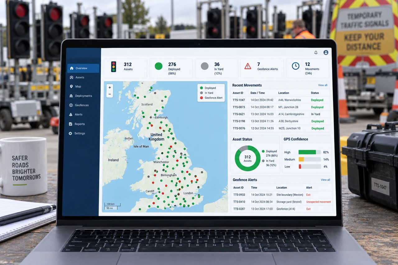 TrackSyte® dashboard showing deployed assets on a map of the UK with location confidence