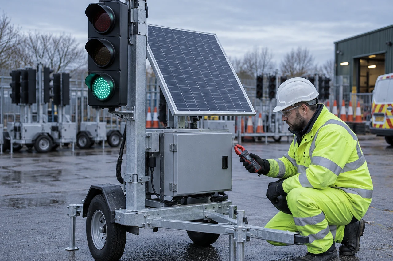 Engineer checking a solar-powered temporary traffic signal