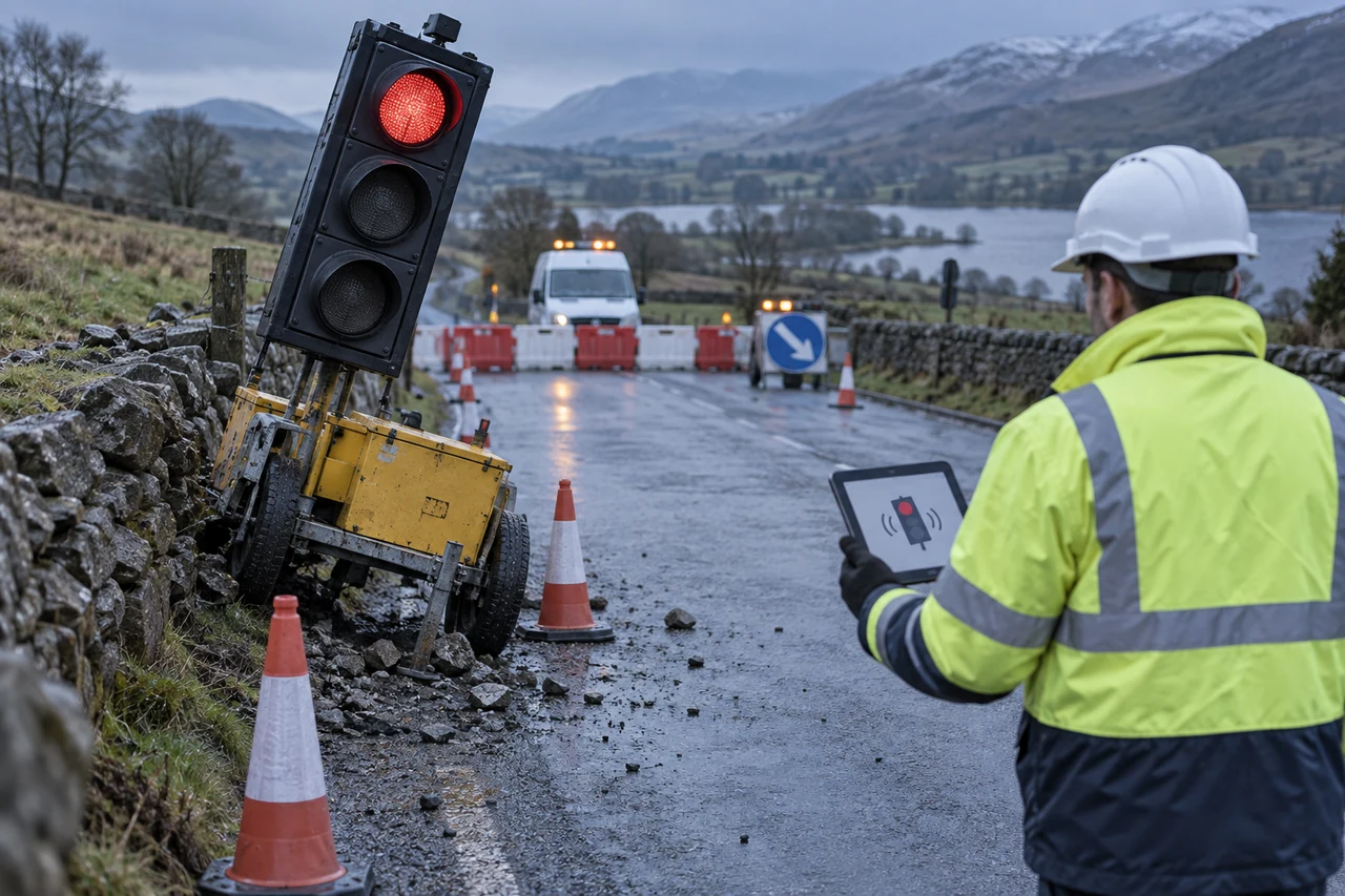 Engineer responding to a movement alert from a tilted traffic signal