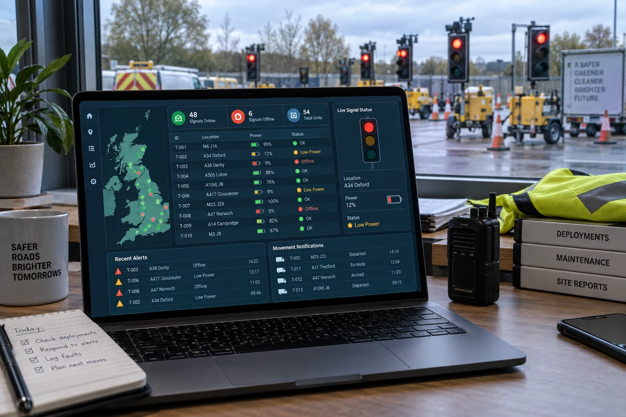 Temporary traffic operations dashboard showing location, power and faults