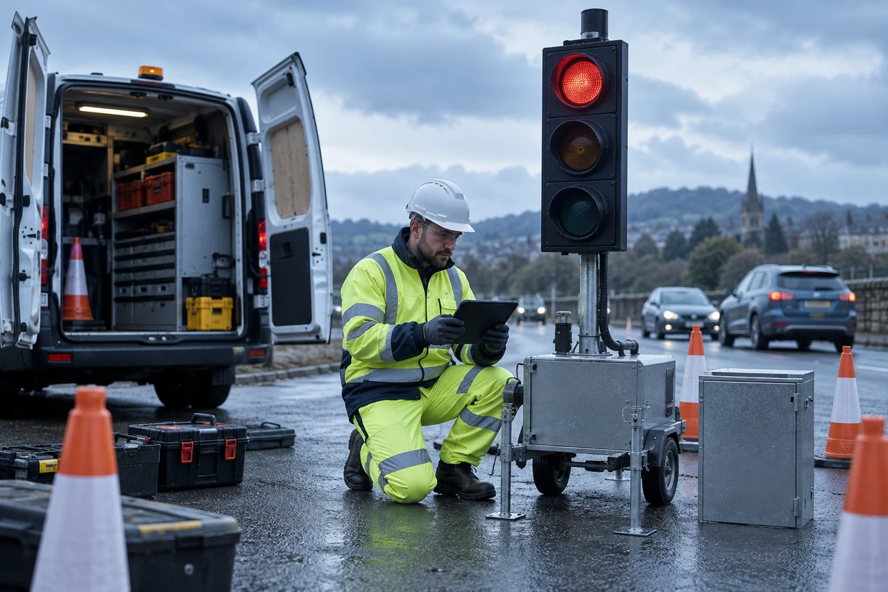 Engineer diagnosing temporary traffic equipment at the roadside
