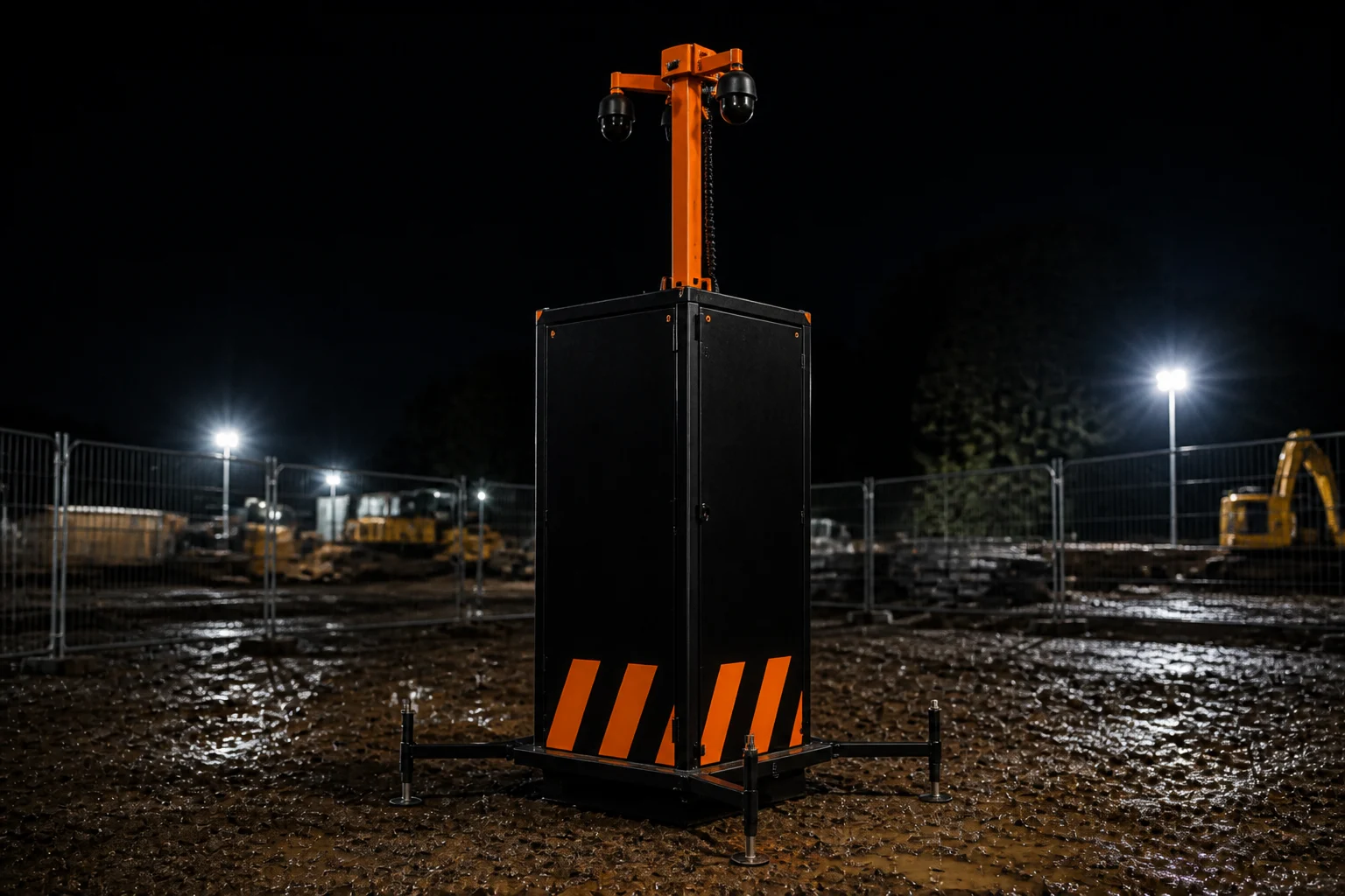 Mobile CCTV security tower at night